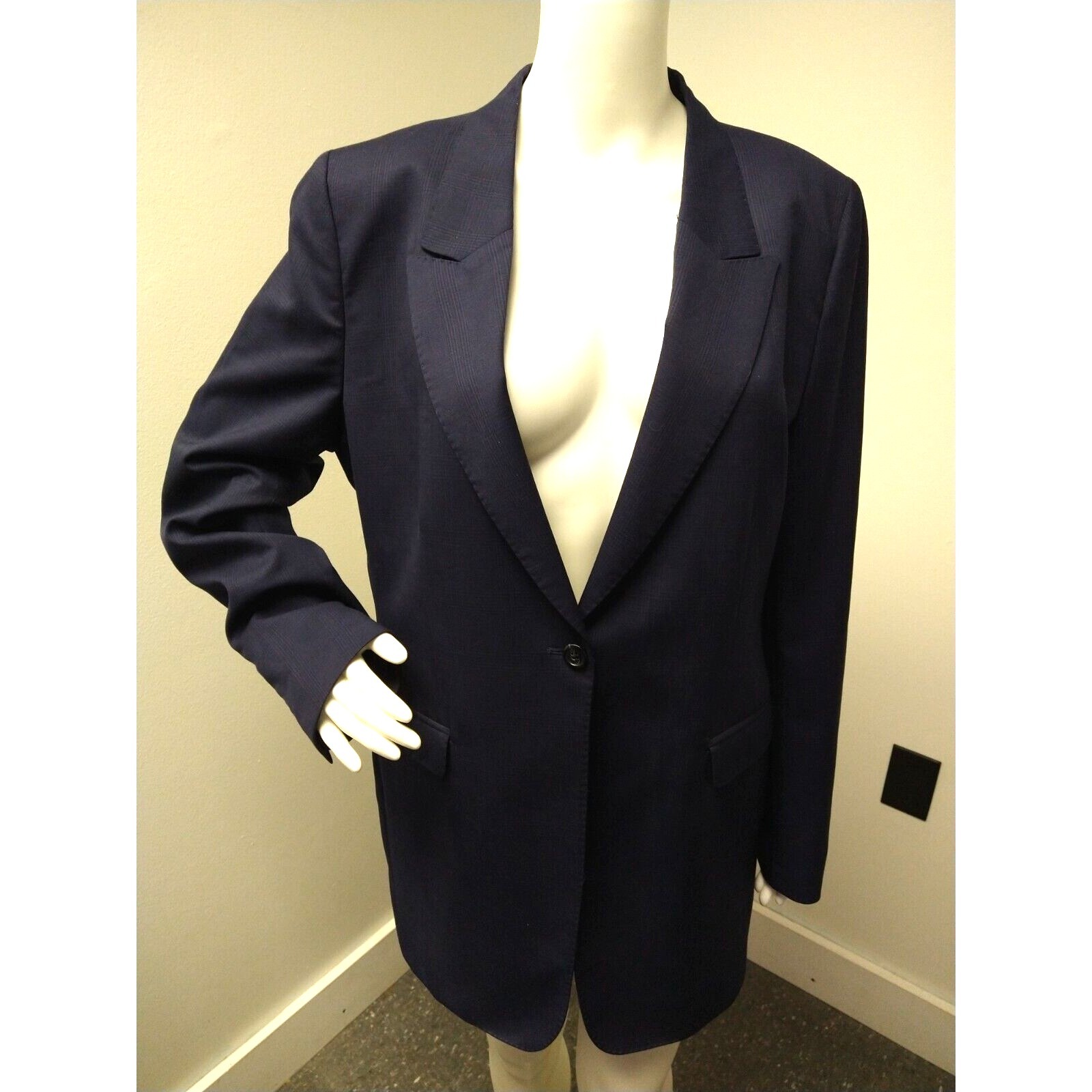 Tom James Custom Executive Collection Long Blazer Wool L/Xl Black Purple Plaid